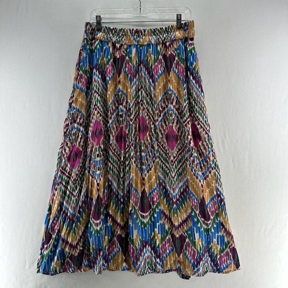 Lascana Pleated Midi Skirt Size 8 Geometric Ikat Lined Elastic Waist Multi-Color - Picture 2 of 12